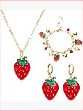 Strawberry Jewelry Set - Earrings Necklace Bracelet - Lifelike Fruit Charm Set
